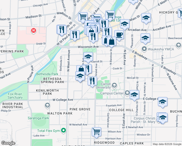 map of restaurants, bars, coffee shops, grocery stores, and more near 319 Arlington Street in Waukesha
