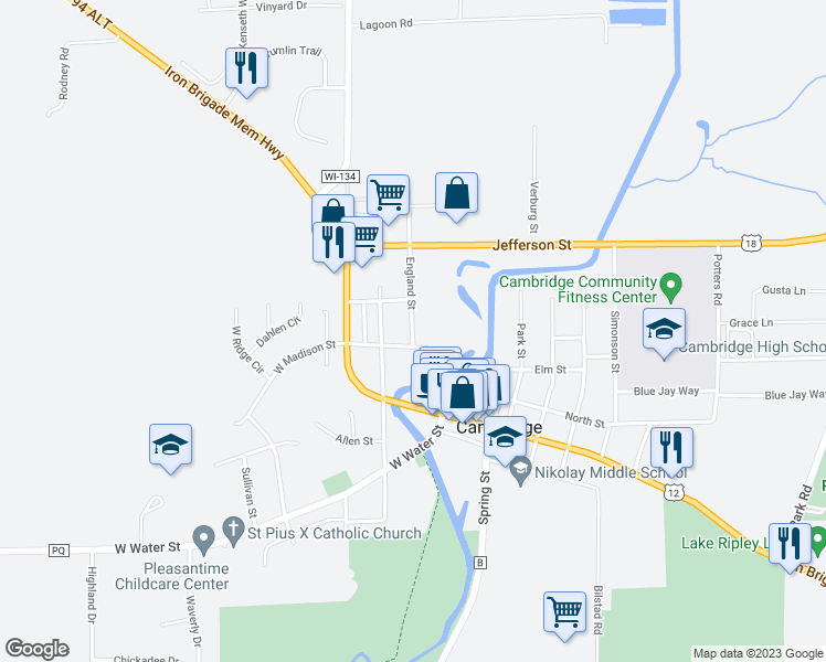 map of restaurants, bars, coffee shops, grocery stores, and more near 308 England Street in Cambridge