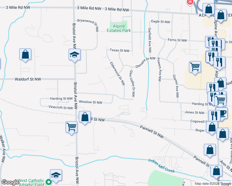 map of restaurants, bars, coffee shops, grocery stores, and more near 1375 Harding Street Northwest in Grand Rapids