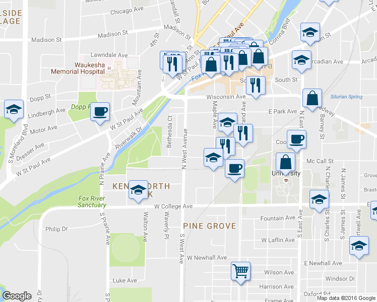 map of restaurants, bars, coffee shops, grocery stores, and more near 307 NW Ave in Waukesha
