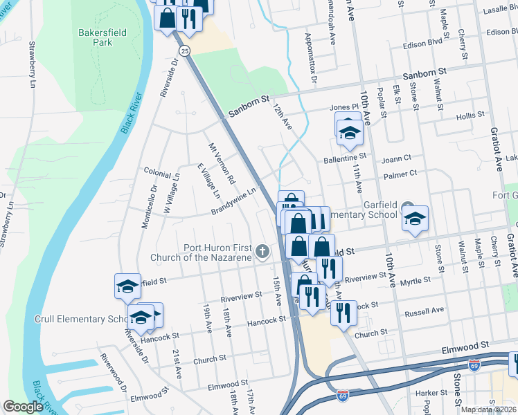 map of restaurants, bars, coffee shops, grocery stores, and more near 2930 Pine Grove Avenue in Port Huron