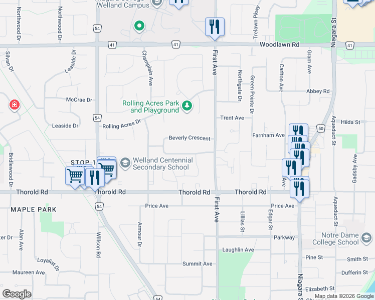 map of restaurants, bars, coffee shops, grocery stores, and more near 42 Lindel Crescent in Welland