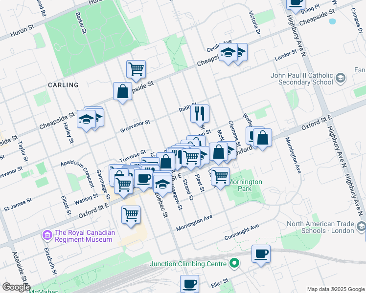 map of restaurants, bars, coffee shops, grocery stores, and more near 34 Stuart Street in London