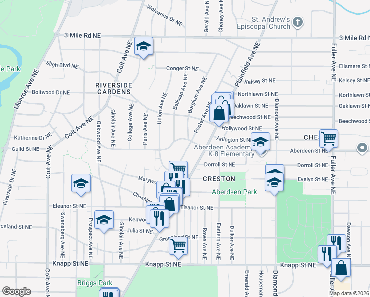 map of restaurants, bars, coffee shops, grocery stores, and more near 2347 Foster Avenue Northeast in Grand Rapids