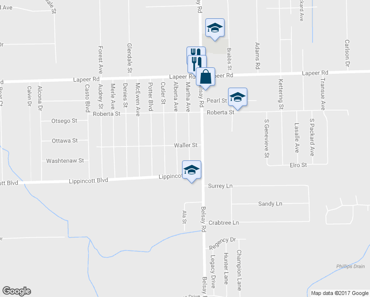 map of restaurants, bars, coffee shops, grocery stores, and more near 1458 Martha Avenue in Burton