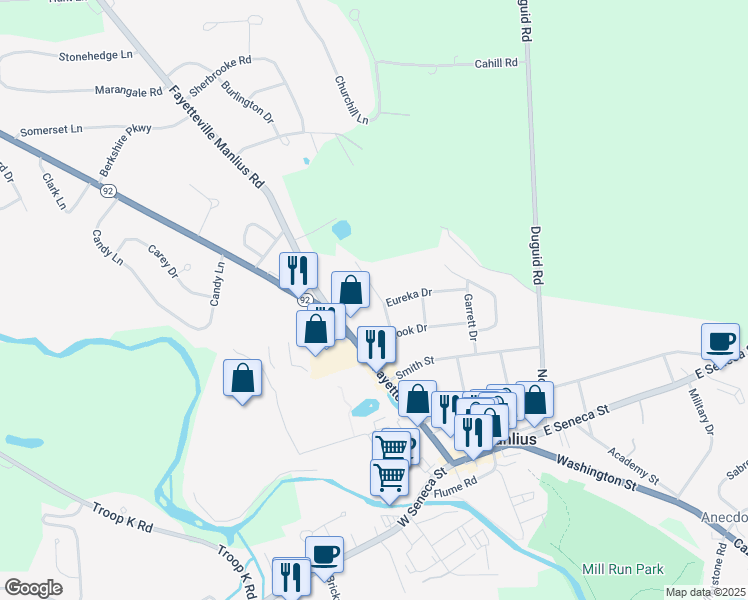 map of restaurants, bars, coffee shops, grocery stores, and more near 119 Park Drive in Manlius