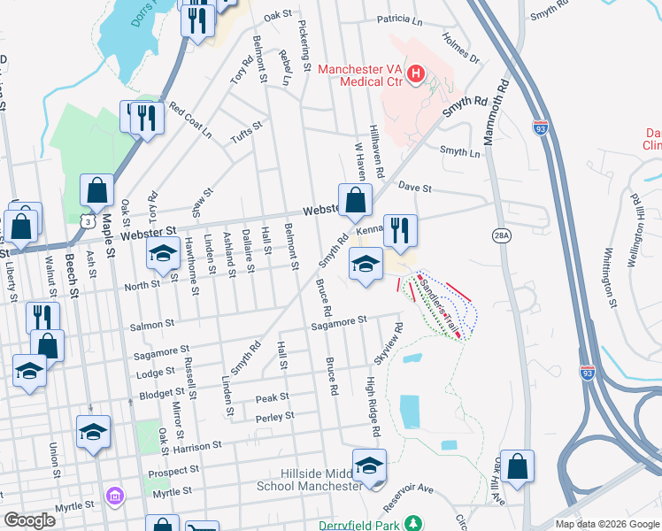 map of restaurants, bars, coffee shops, grocery stores, and more near 345 Smyth Road in Manchester