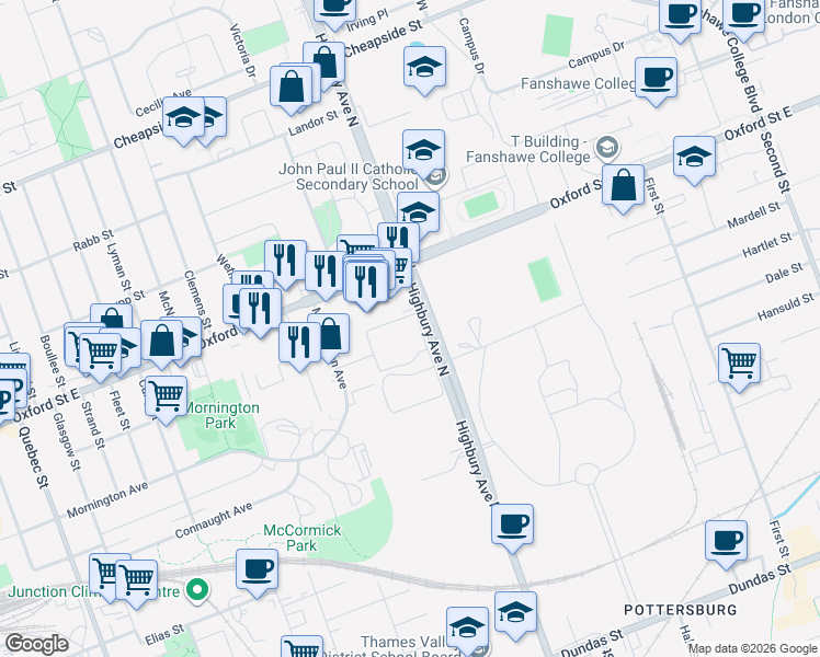 map of restaurants, bars, coffee shops, grocery stores, and more near 955 Highbury Avenue North in London