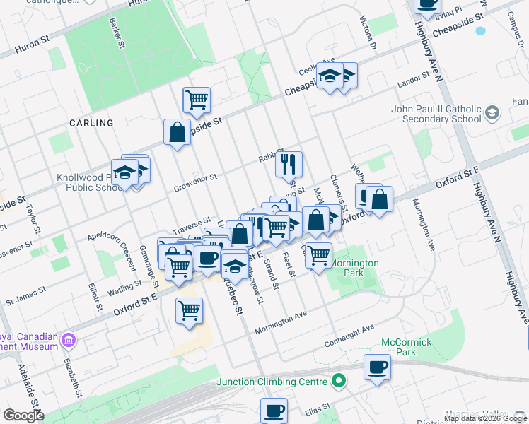 map of restaurants, bars, coffee shops, grocery stores, and more near 34 Stuart Street in London