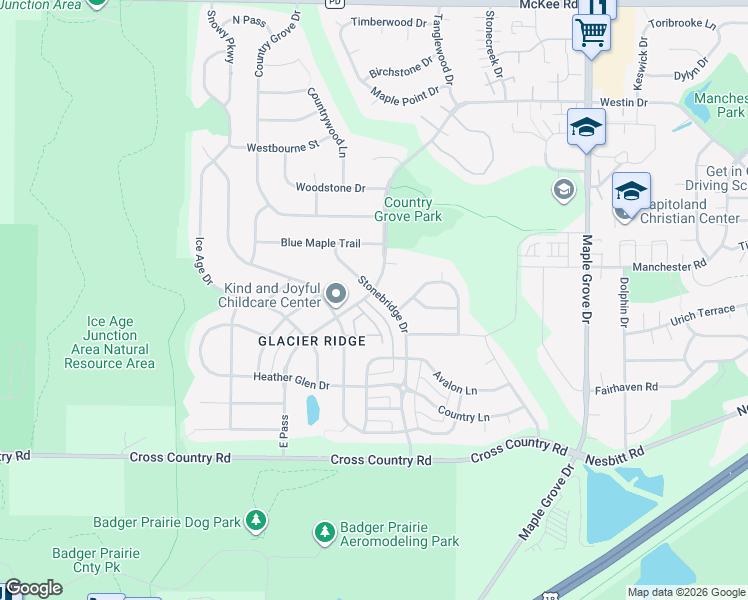 map of restaurants, bars, coffee shops, grocery stores, and more near 3602 Stonebridge Drive in Madison