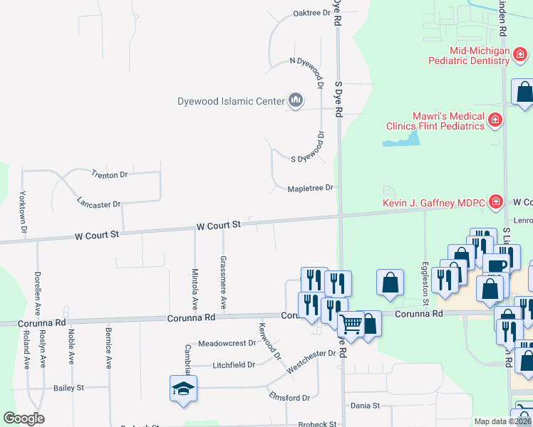 map of restaurants, bars, coffee shops, grocery stores, and more near 5378 West Court Street in Flint