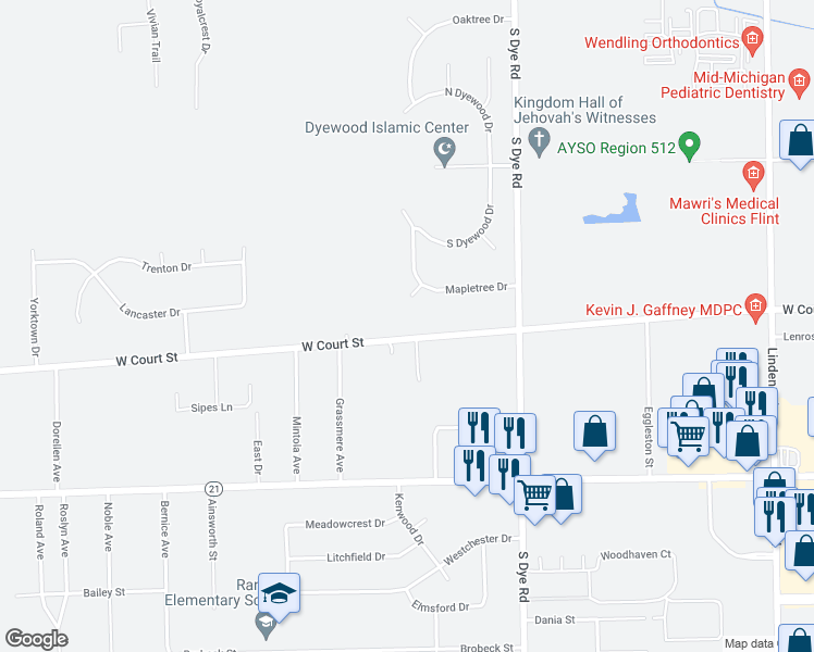map of restaurants, bars, coffee shops, grocery stores, and more near 5378 West Court Street in Flint