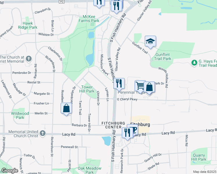 map of restaurants, bars, coffee shops, grocery stores, and more near 2792 Lyman Lane in Fitchburg