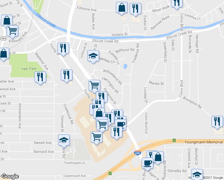 map of restaurants, bars, coffee shops, grocery stores, and more near 59 Harvington Road in Tonawanda
