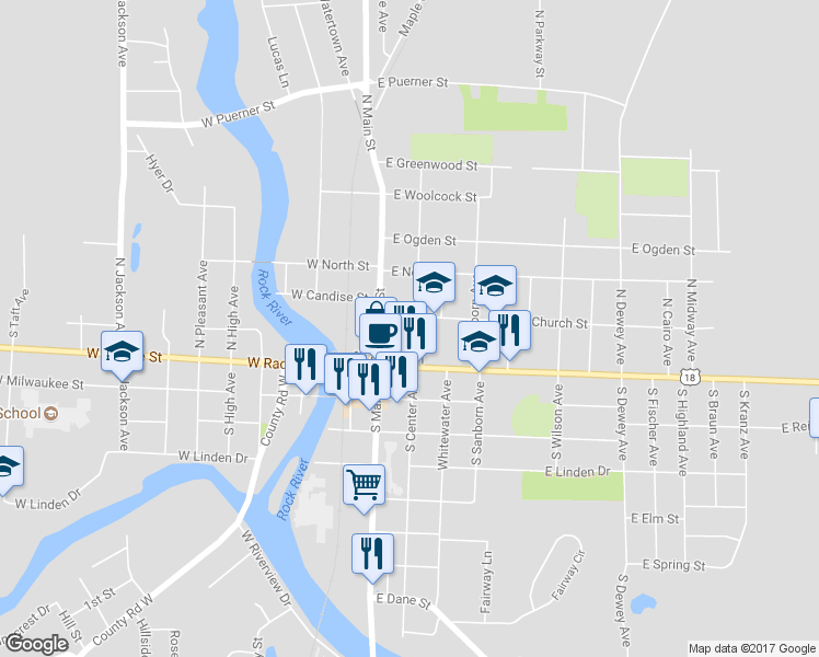 map of restaurants, bars, coffee shops, grocery stores, and more near 135 North Center Avenue in Jefferson