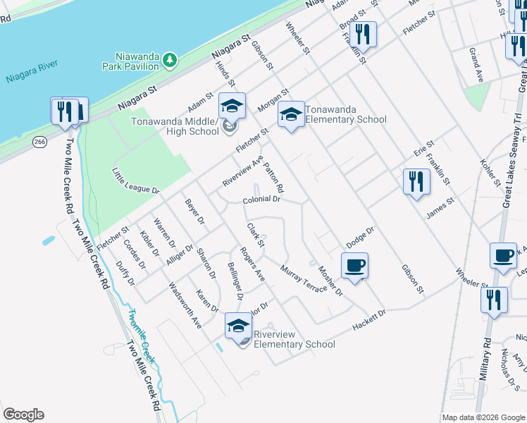 map of restaurants, bars, coffee shops, grocery stores, and more near 20 Gath Terrace in Tonawanda