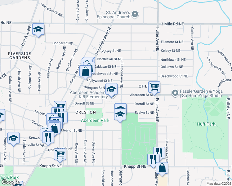 map of restaurants, bars, coffee shops, grocery stores, and more near 943 Aberdeen Street Northeast in Grand Rapids