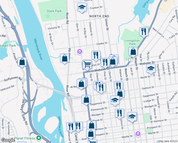 map of restaurants, bars, coffee shops, grocery stores, and more near 20 Webster Street in Manchester