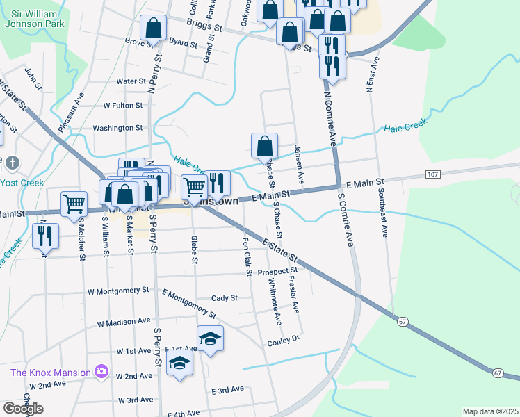 map of restaurants, bars, coffee shops, grocery stores, and more near 116 East Main Street in Johnstown