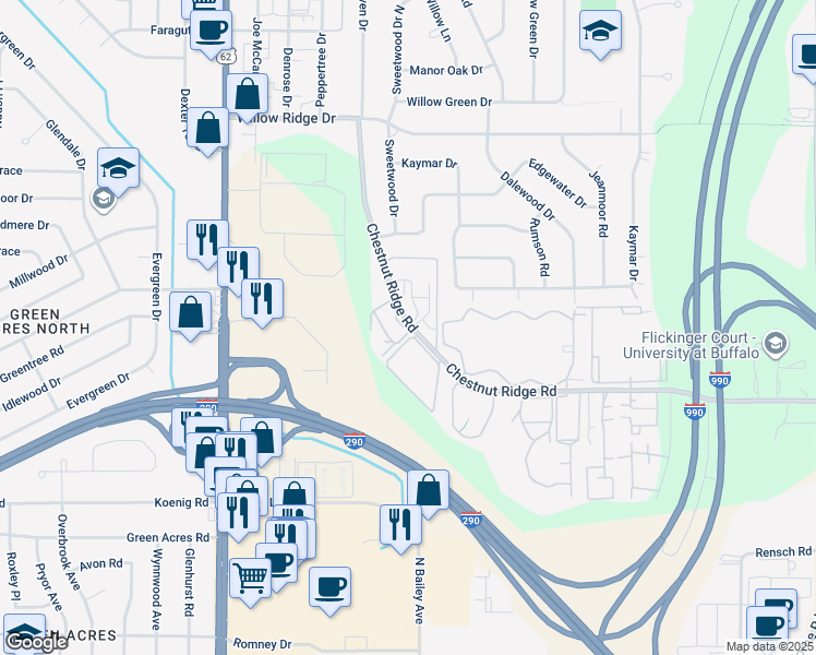 map of restaurants, bars, coffee shops, grocery stores, and more near 4291 Chestnut Ridge Road in Buffalo