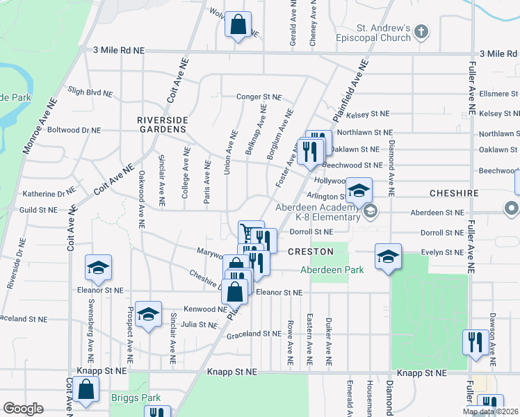 map of restaurants, bars, coffee shops, grocery stores, and more near 2347 Foster Avenue Northeast in Grand Rapids