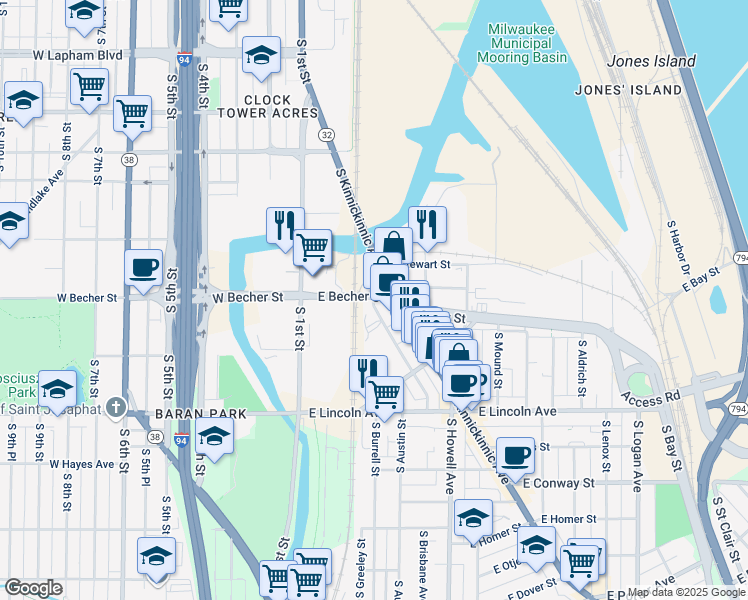 map of restaurants, bars, coffee shops, grocery stores, and more near in Milwaukee