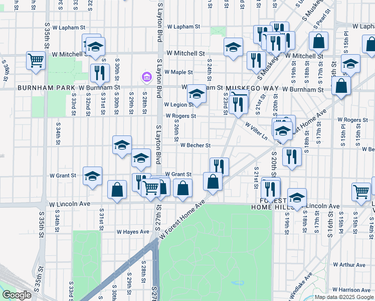 map of restaurants, bars, coffee shops, grocery stores, and more near 2108 South 25th Street in Milwaukee