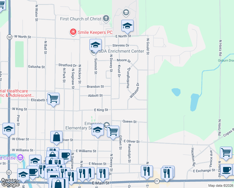 map of restaurants, bars, coffee shops, grocery stores, and more near 831 Krust Drive in Owosso