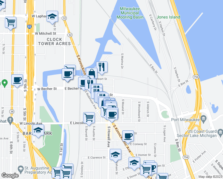 map of restaurants, bars, coffee shops, grocery stores, and more near 2059 South Allis Street in Milwaukee