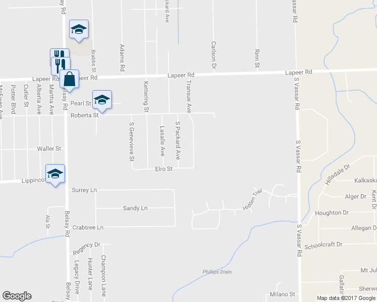 map of restaurants, bars, coffee shops, grocery stores, and more near 1468 Transue Avenue in Burton