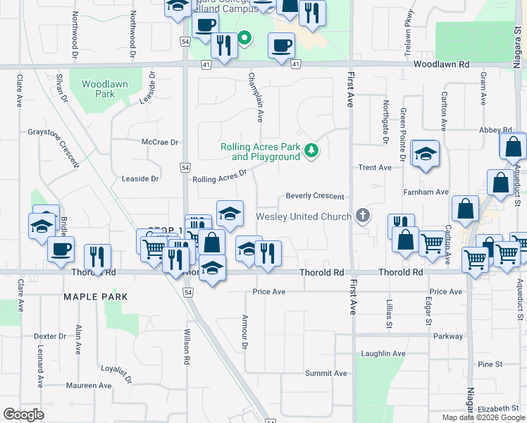 map of restaurants, bars, coffee shops, grocery stores, and more near 3 Cola Street in Welland