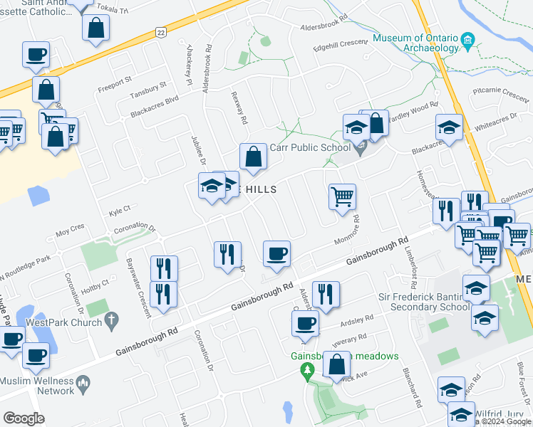 map of restaurants, bars, coffee shops, grocery stores, and more near 1584 Aldersbrook Road in London