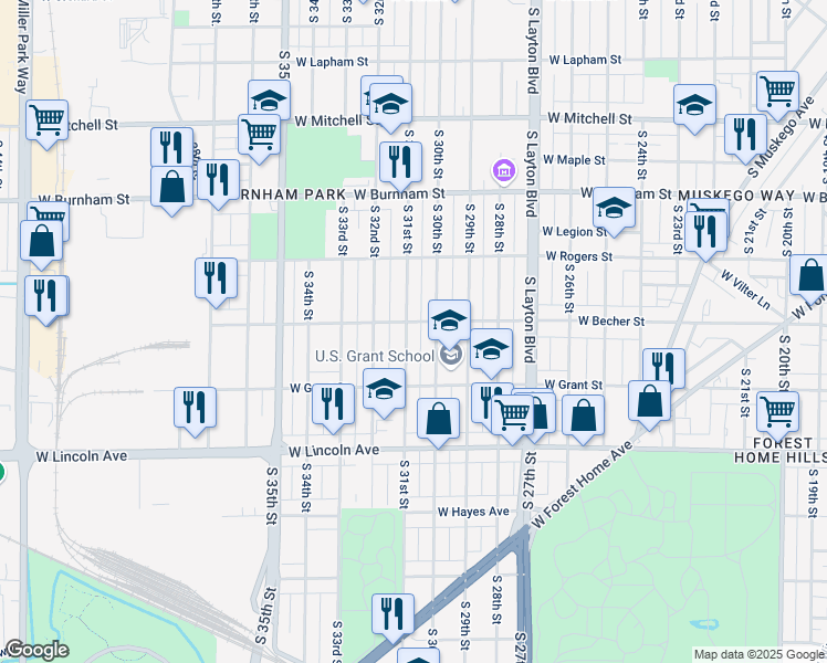 map of restaurants, bars, coffee shops, grocery stores, and more near 2106 South 31st Street in Milwaukee