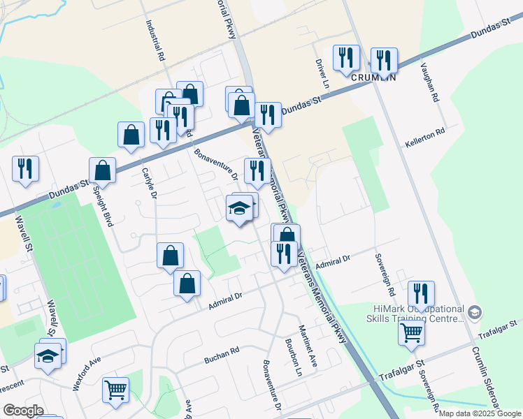 map of restaurants, bars, coffee shops, grocery stores, and more near 20 Moreau Crescent in London