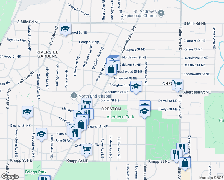 map of restaurants, bars, coffee shops, grocery stores, and more near 821 Aberdeen Street Northeast in Grand Rapids