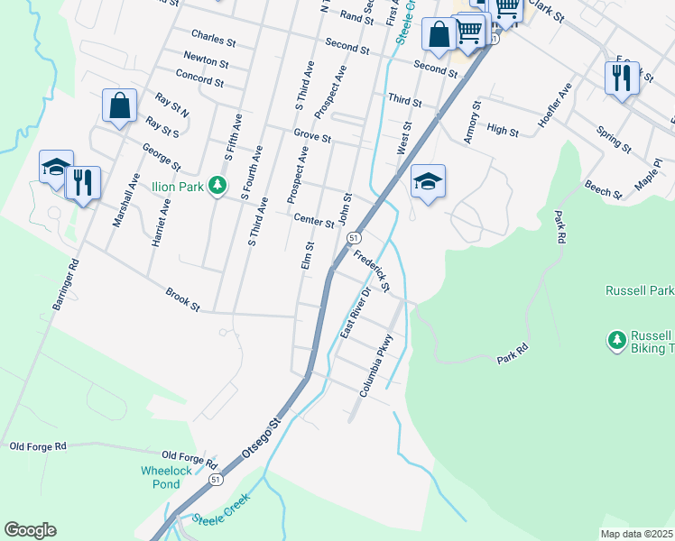 map of restaurants, bars, coffee shops, grocery stores, and more near 319 Otsego Street in Ilion