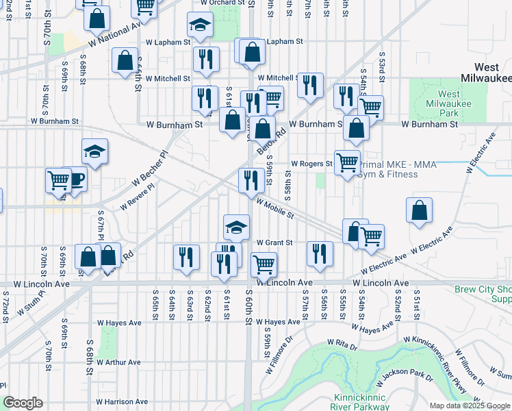 map of restaurants, bars, coffee shops, grocery stores, and more near 2114 South 60th Street in West Allis