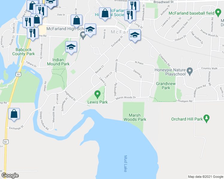map of restaurants, bars, coffee shops, grocery stores, and more near 6316 Sighting Road in McFarland