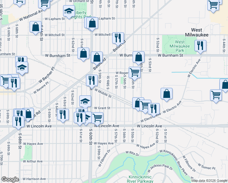 map of restaurants, bars, coffee shops, grocery stores, and more near 2087 South 57th Street in West Allis
