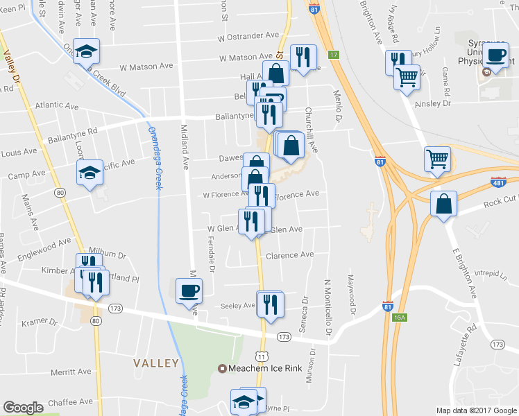 map of restaurants, bars, coffee shops, grocery stores, and more near 4319 South Salina Street in Syracuse