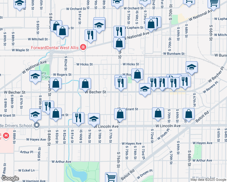 map of restaurants, bars, coffee shops, grocery stores, and more near 2076 South 77th Street in West Allis