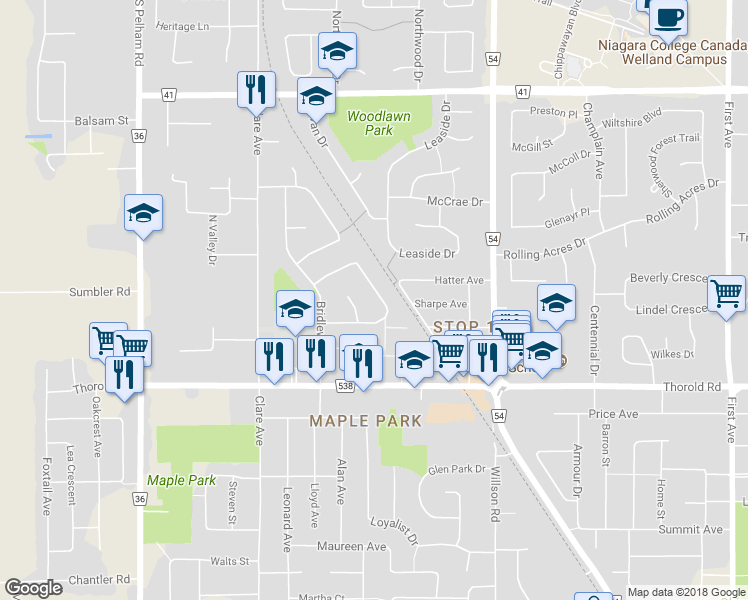 map of restaurants, bars, coffee shops, grocery stores, and more near 86 Chapel Hill Crescent in Welland