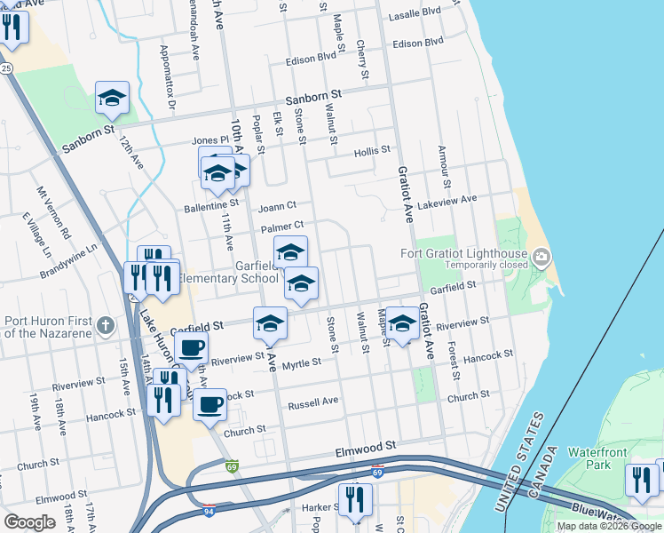 map of restaurants, bars, coffee shops, grocery stores, and more near 2854 Stone Street in Port Huron