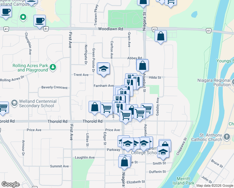 map of restaurants, bars, coffee shops, grocery stores, and more near 25 Roger Drive in Welland