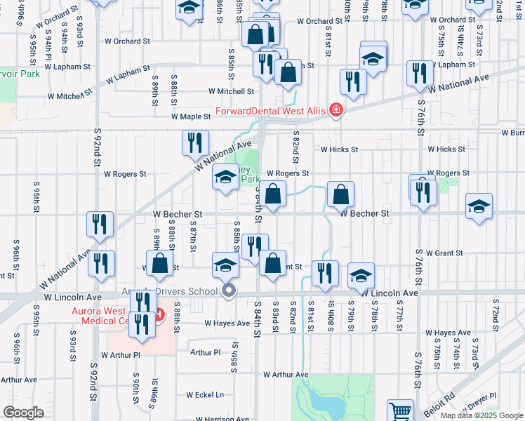 map of restaurants, bars, coffee shops, grocery stores, and more near 8330 West Becher Street in West Allis