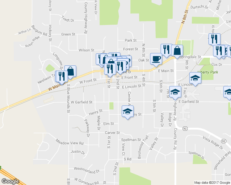 map of restaurants, bars, coffee shops, grocery stores, and more near 210 South 2nd Street in Mount Horeb