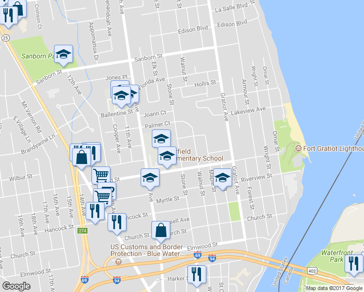 map of restaurants, bars, coffee shops, grocery stores, and more near 2854 Stone Street in Port Huron