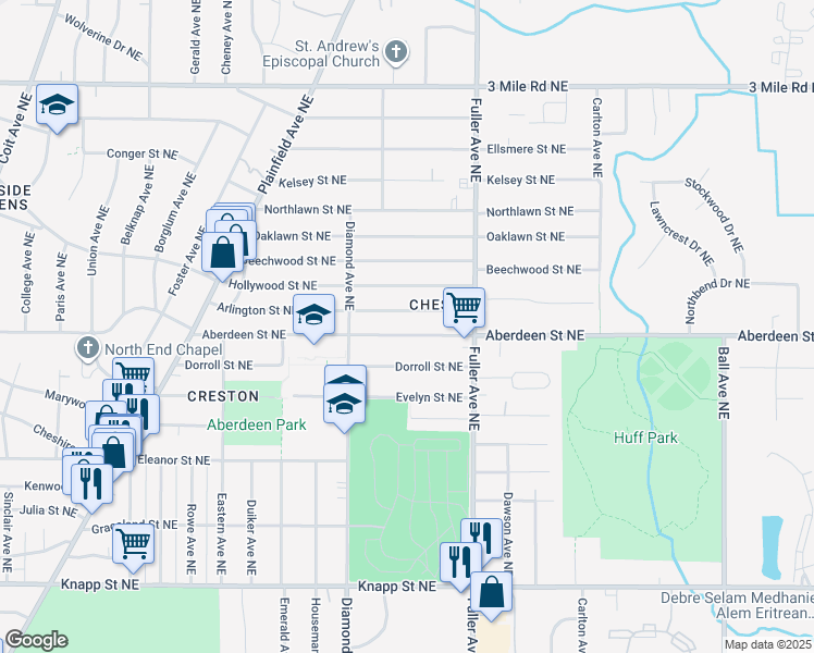 map of restaurants, bars, coffee shops, grocery stores, and more near 1057 Aberdeen St NE in Grand Rapids