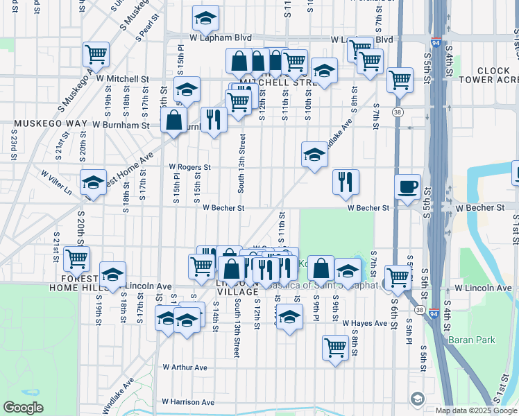 map of restaurants, bars, coffee shops, grocery stores, and more near S 12th St & W Becher St in Milwaukee