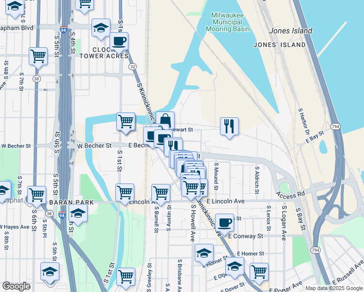 map of restaurants, bars, coffee shops, grocery stores, and more near 2046 South Hilbert Street in Milwaukee